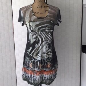 Woman’s Crisca Dress color green white & orange short sleeves Size M  #465